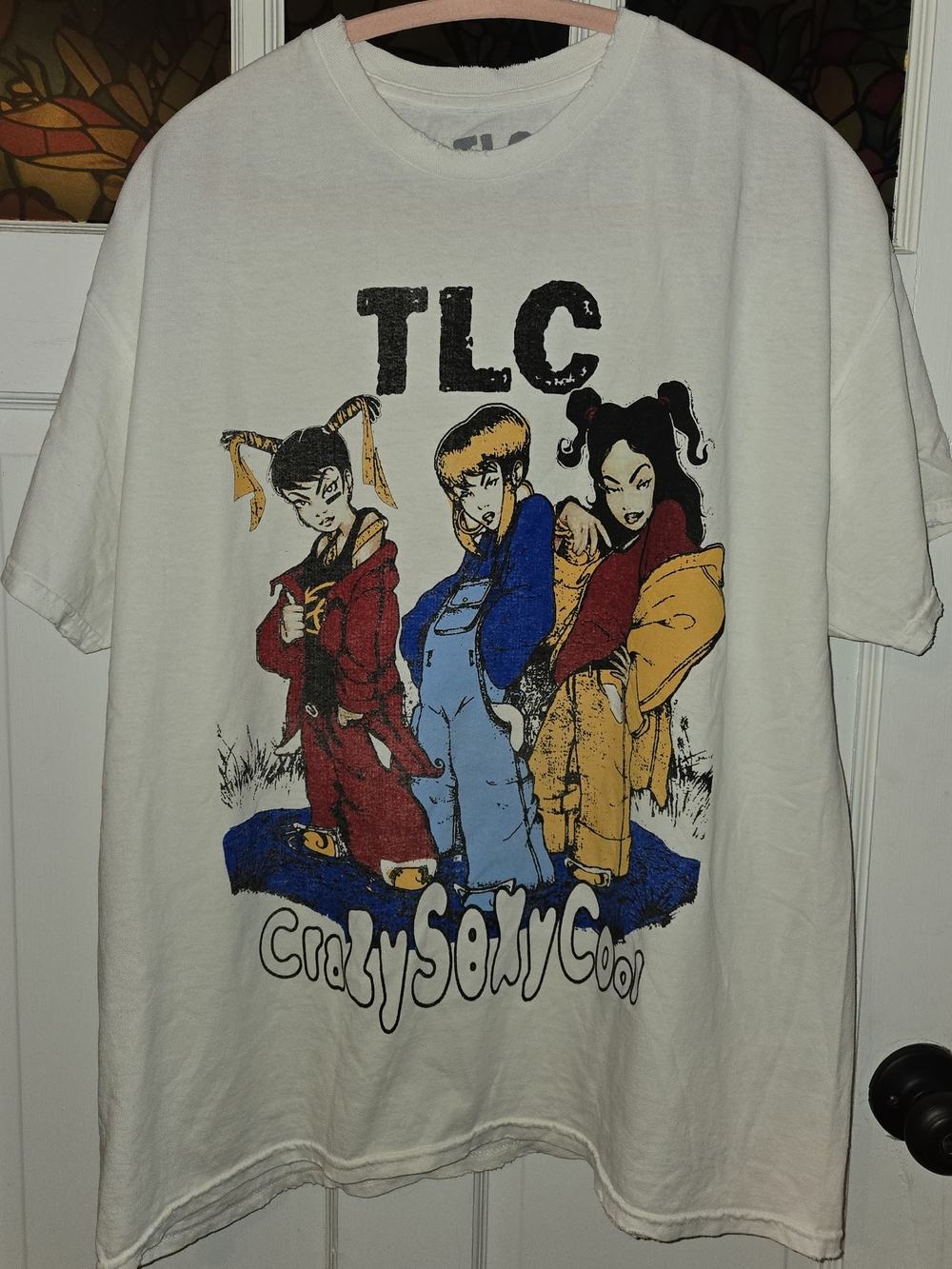 TLC Graphic Tee in White with Red, Blue & Yellow Illustration